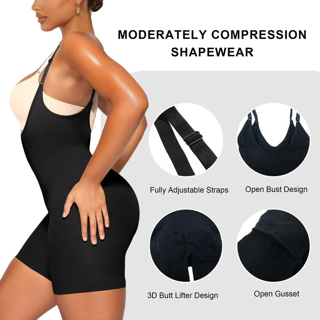 YIANNA Bodysuit for Women Tummy Control Shapewear Open Bust Mid-Thigh Body Shaper